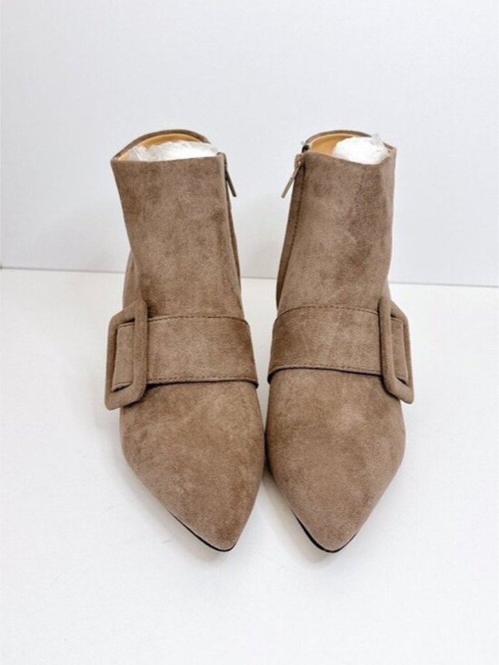 Size 8 Women’s Khaki Ankle Boots Pointed Toe Kitten Heel Booties Buckle Strap